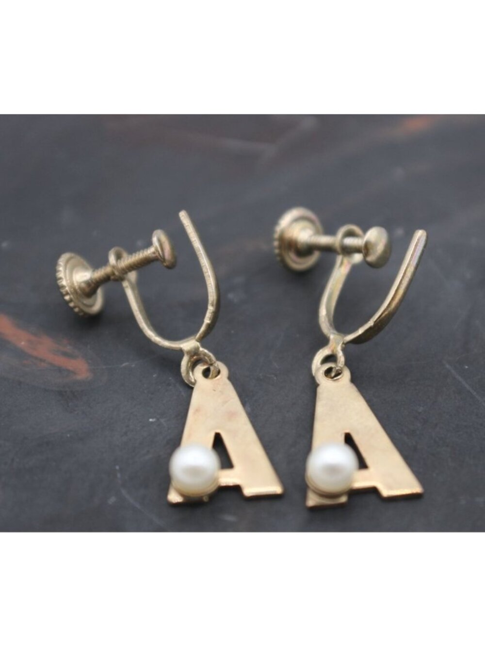 Screw Back Earrings Initial Letter A Faux Pearl Accents Gold-Tone Vintage